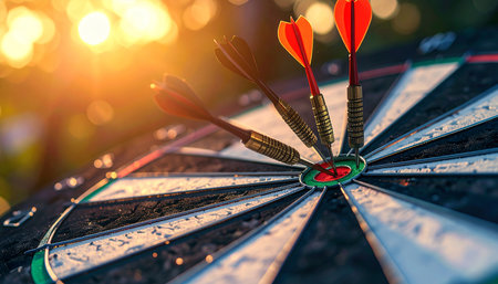 Darts arrows in the target center of dartboard with bokeh backgroundの素材