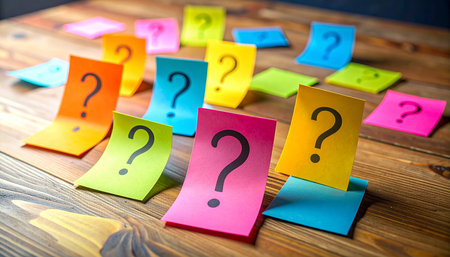 Colorful sticky notes with question marks on wooden table. FAQ conceptの素材