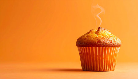 Muffin on orange background with copy space for your text.の素材