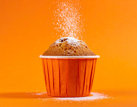 Muffin with icing sugar falling in orange paper cup on orange backgroundの素材
