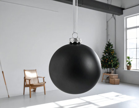 Black christmas ball hanging on white wall in room with armchairの素材