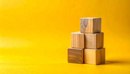 Wooden cubes on a yellow background. The concept of growth and success.の素材