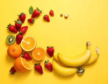 Creative layout made of fresh fruits on yellow background. Flat lay, top viewの素材