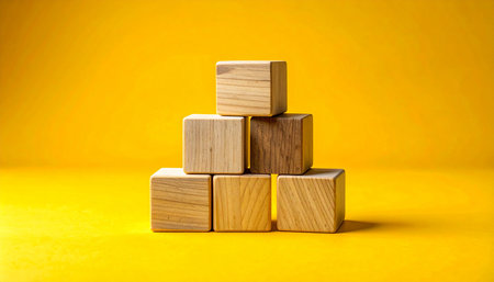 Wooden blocks in the form of a pyramid on a yellow backgroundの素材