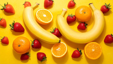 Creative layout made of fresh fruits on yellow background. Flat lay, top view.の素材