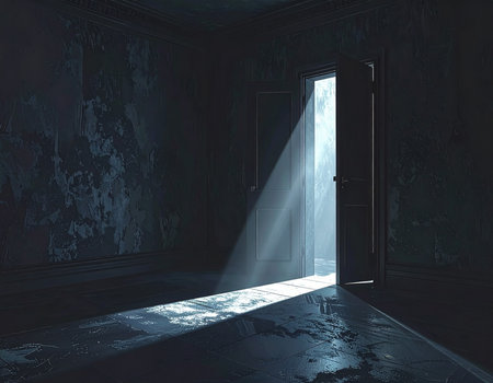 3d rendering of an empty room with a light coming through the doorの素材