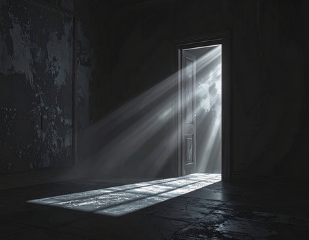 Door in dark room with sunlight coming through it. 3D renderingの素材