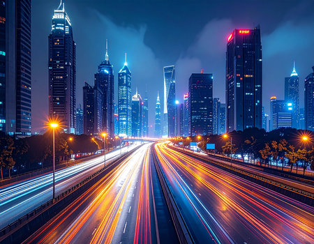 the light trails on the modern building background in shanghai china.の素材