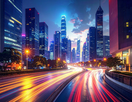 the light trails on the modern building background in shanghai china.の素材