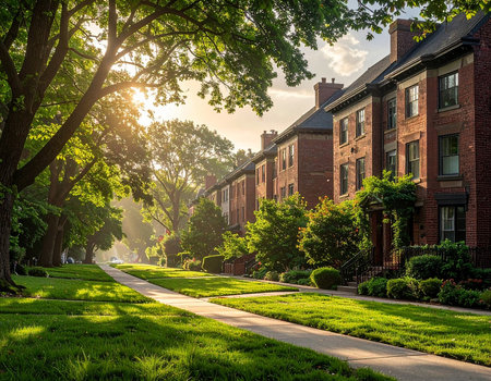Row of brick houses with green grass in the morning light, Boston, Massachusetts, USA.の素材