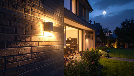 House exterior at night with lighted windows and brick wall in the foregroundの素材