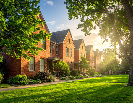 Row of brick houses with green lawn and blooming trees at sunsetの素材