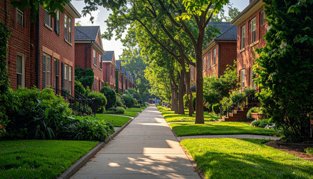 Row of brick houses along a pathway in the University of Washington, DC.の素材