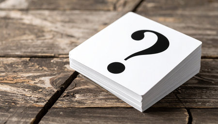 Question mark on a white card on a wooden background. Question markの素材