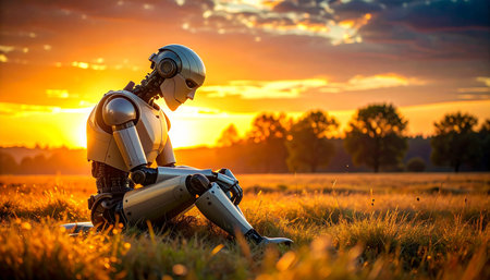 Robot sitting on the grass and watching the beautiful sunset in the fieldの素材