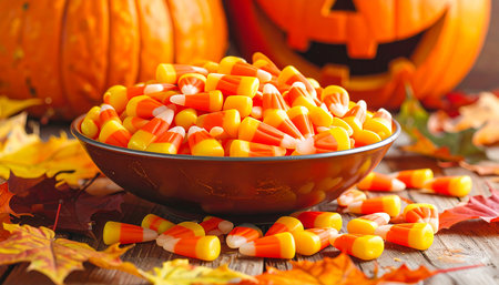 Halloween candy corn in bowl on wooden background. Selective focus.の素材