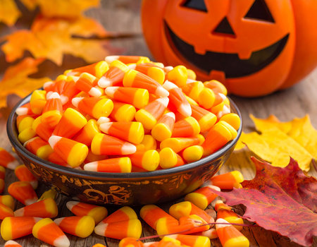 Halloween candy corn in bowl on wooden table with autumn leaves.の素材