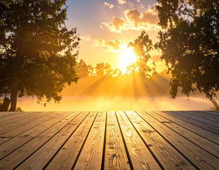 Wooden terrace in the morning with sunbeams and fogの素材