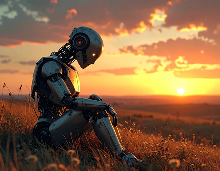 3d rendering of a robot sitting on the grass with sunset backgroundの素材