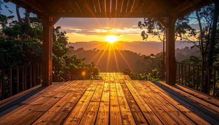 Wooden floor on the top of the mountain with beautiful sunrise backgroundの素材