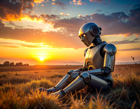 3d rendering of a female robot sitting on a field at sunsetの素材