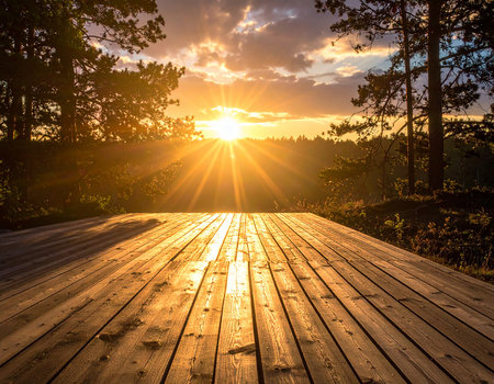 Wooden boardwalk in a pine forest at sunrise. Beautiful summer landscape.の素材