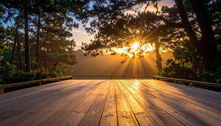 Wooden boardwalk in the forest at sunrise. Nature background.の素材
