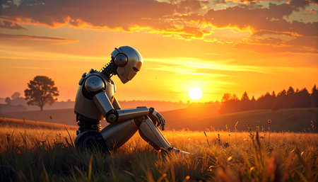 3d rendering robot sitting on the grass in the field at sunsetの素材
