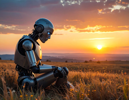 3D rendering of a female robot sitting on a grass field at sunsetの素材