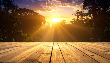 Wooden floor with sunrise in the morning, nature background concept.の素材
