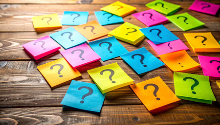 Question mark on colorful sticky notes on wooden table background. Question mark concept.の素材