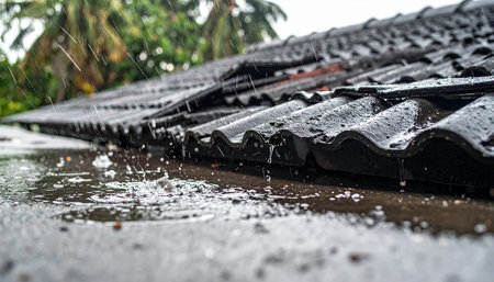 Rain drops on the roof tiles of the house. Rainy day.の素材