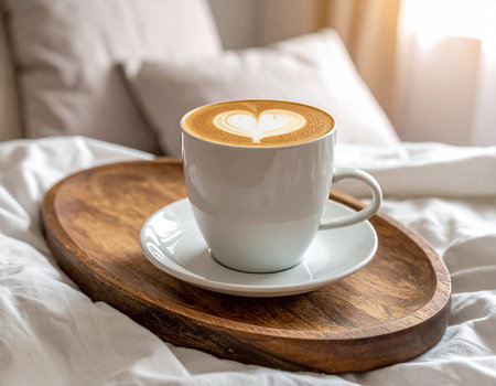 Cup of coffee with heart shape in white cup on wooden tray in bedの素材