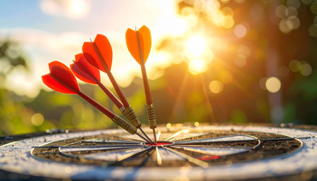 Red dart arrow hitting the center of dartboard target in the center of dartboard with bokeh background, business success conceptの素材