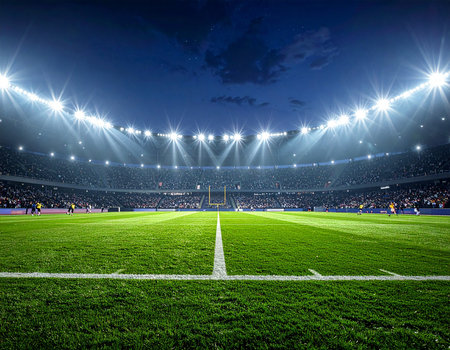 Soccer stadium at night with bright spotlights and green grass fieldの素材