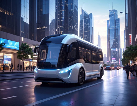Modern electric bus on the street in Shanghai, China. 3D renderingの素材