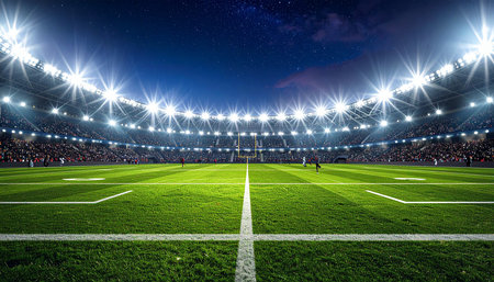 Evening football stadium with green field and bright lights. 3D renderingの素材