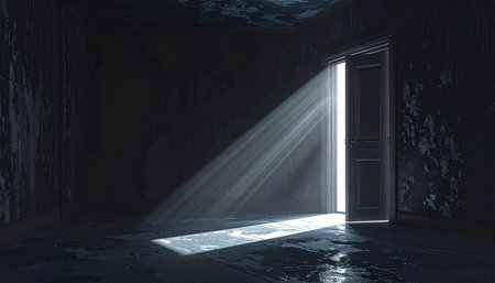 Door in a dark room with light coming from the open doorの素材