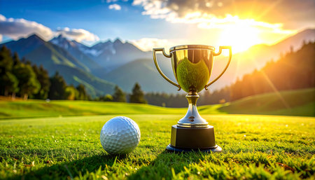 Golf trophy and ball on the green grass with mountain background.の素材