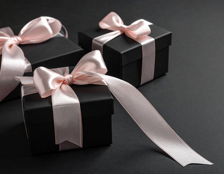 Black gift boxes with pink ribbons on black background, closeupの素材