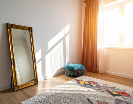 interior of a room with a window, carpet and a mirrorの素材