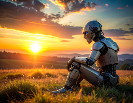 3D rendering of a female robot sitting on a grassy field at sunsetの素材