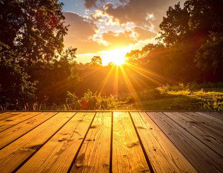 Wooden terrace and beautiful sunset over the forest in summer.の素材