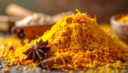 Turmeric powder and spices on a wooden table, selective focus.の素材