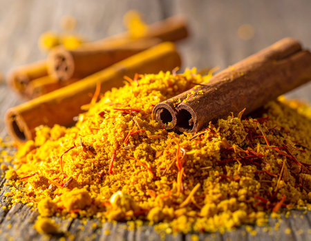 cinnamon and saffron on a wooden table, stock photoの素材