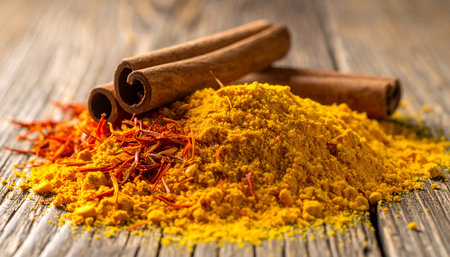 Turmeric powder and cinnamon sticks on rustic wooden table, closeupの素材