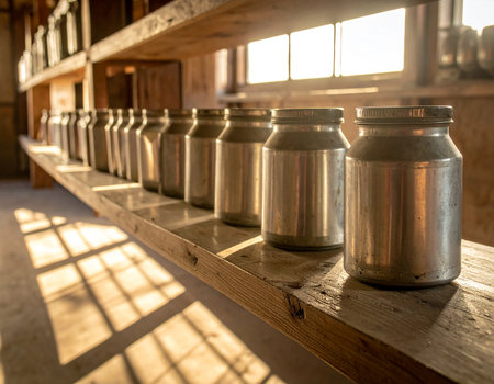 Metal milk cans on a wooden shelf in an old dairy farm.の素材