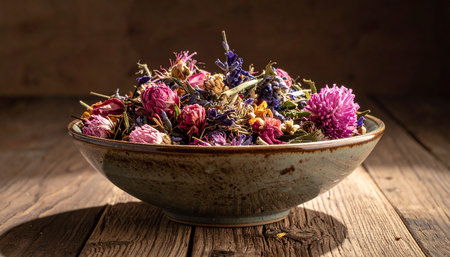 Dried flowers in a bowl on a wooden table. Selective focus.の素材