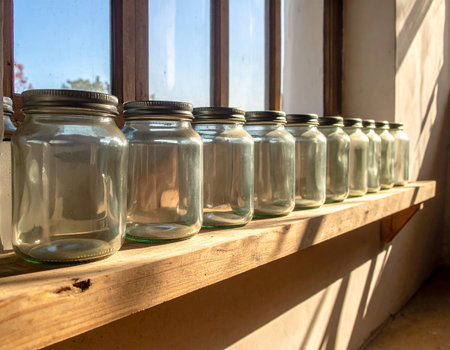 Empty glass jars on a wooden shelf in a rustic kitchen.の素材