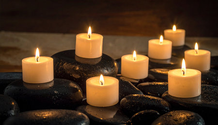 Burning candles on black pebbles with water drops, closeupの素材